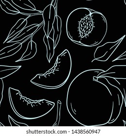 Seamless vector pattern with contour white peaches and branch with leaves on black background. Good for printing. Wallpaper, fabric and textile design. Cute wrapping paper pattern with fruits.