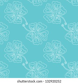 seamless vector pattern of contours of hibiscus flowers on the blue background