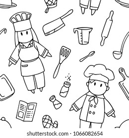 Seamless vector pattern with cook and cooking tools.