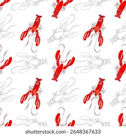 Padrão de vetor sem costura com lagostas vermelhas cozidas. Design saboroso com tema de frutos do mar perfeito para têxteis de cozinha, menus de restaurantes e embalagens culinárias.