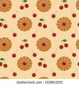 Seamless vector pattern with cookies and cherries. Cookie icon. Cherry icon. Seamless food background
