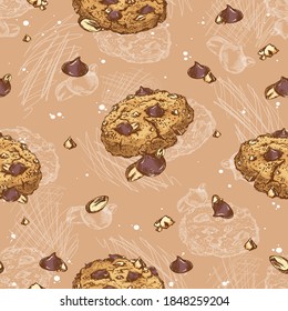 Seamless vector pattern of cookies with chocolate drops and nuts. Sketchy drawing of sweets. Confectionery background.