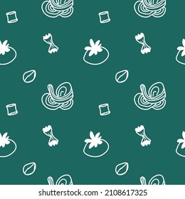 Seamless vector pattern with cooking with white line on trendy green background.Simple,abstract,minimalist print with doodle style kitchen.Design for textile,packaging,fabric,wrapping paper,scrapbook