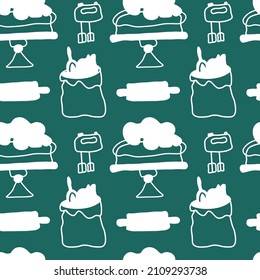 Seamless vector pattern with cooking with white line on trendy green background.Simple,abstract,minimalist print with doodle style kitchen.Design for textile,packaging,fabric,wrapping paper,scrapbook