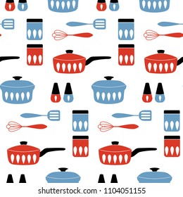 Seamless vector pattern with cookware for cooking food. Mid century modern style. Good for print.