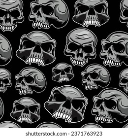 Seamless vector pattern with cool and scary skulls on a dark background