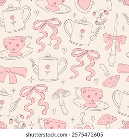 Seamless vector pattern with coquette elements for tea party. Background with line art illustrations of teapot, cup, bow, mushroom. Vintage whimsical texture for wallpaper, wrapping paper, textile