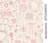 Seamless vector pattern with coquette vintage bows, ribbons, candles, cake, cup, teapot. Whimsical line art background for wedding invitation, valentine day card, poster, wallpaper design