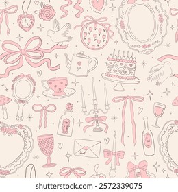 Seamless vector pattern with coquette vintage bows, ribbons, candles, cake, cup, teapot. Whimsical line art background for wedding invitation, valentine day card, poster, wallpaper design