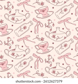Seamless vector pattern with coquette vintage tableware, bows, flowers and berries. Pink background for wedding invitation, valentine, poster, wallpaper design.