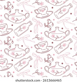 Seamless vector pattern with coquette vintage tableware, bows, flowers and berries. Pink background for wedding invitation, valentine, poster, wallpaper design.