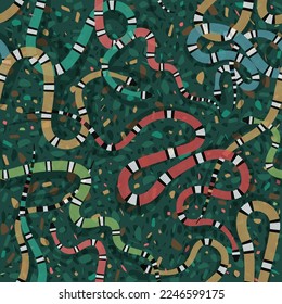 Seamless vector pattern with coral snake, milk snake or royal striped snake with rocks. Animal Reptile Ornamental Texture and stone terrazzo on dark background. Vector colorful illustration