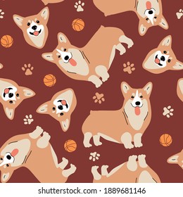 Seamless vector pattern with corgi, ball and pawprint. Dog breeds.