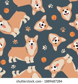 Seamless vector pattern with corgi, ball and pawprint. Dog breeds. Blue background for fabric, textile, wallpaper, wrapping paper