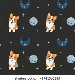 Seamless vector pattern with corgi, moon and planet. Trendy baby texture for fabric, wallpaper, apparel, wrapping.