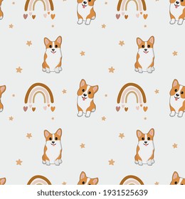 Seamless vector pattern with corgi and rainbow. Trendy baby texture for fabric, wallpaper, apparel, wrapping