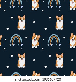 Seamless vector pattern with corgi and rainbow. Trendy baby texture for fabric, wallpaper, apparel, wrapping