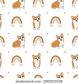 Seamless vector pattern with corgi and rainbow. Trendy baby texture for fabric, wallpaper, apparel, wrapping