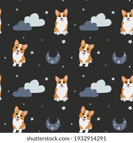 Seamless vector pattern with corgi, stars and moon. Trendy baby texture for fabric, wallpaper, apparel, wrapping paper