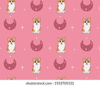 Seamless vector pattern with corgi, stars and moon. Trendy baby texture for fabric, wallpaper, apparel, wrapping paper
