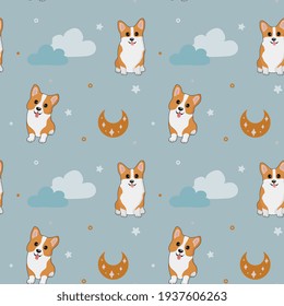 Seamless vector pattern with corgi, stars and moon. Trendy baby texture for fabric, wallpaper, apparel, wrapping paper