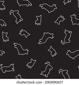 seamless vector pattern with corgi. white outline silhouette on a black background