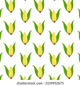 Seamless vector pattern with corn cob plant isolated on white background. Cartoon textile print template. Food vegetable, farm agriculture illustration.