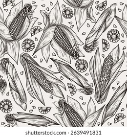 Seamless vector pattern corn on the cob and kernels in engraving style. Cooking corn dishes. Popcorn. Farming