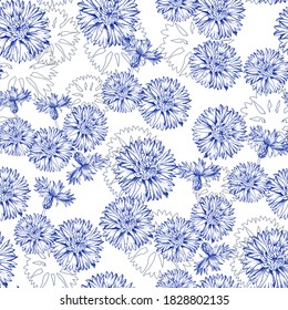 Seamless vector pattern with cornflower in the Toile de Jouy style. Blue flowers isolated on white background. Print design for wallpapers, textile, fabric, wrapping gift, ceramic tiles