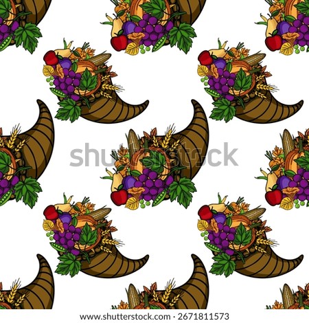 Seamless vector pattern of cornucopias overflowing with autumn harvest bounty, featuring vibrant grapes, pumpkins, corn, and apples, perfect for Thanksgiving designs.