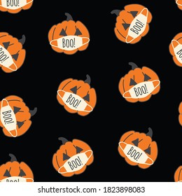 Seamless Vector Pattern Corona Halloween Pumpkins on black. Pumpkins wearing face masks. Covid-19 virus Halloween background. Halloween 2020 decoration, fabric, invitation, greeting cards, face mask