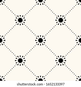 Seamless vector pattern of coronavirus 2019-nCov virus icon in flat style in geometry order with polka dot lines. Concept of epidemic or quarantine.
