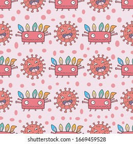Seamless vector pattern with the coronavirus cell and a cute monster. Childish illustration