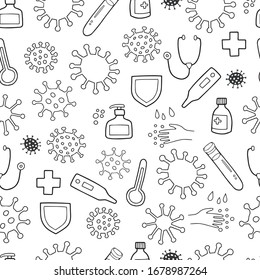Seamless vector pattern with coronavirus and virus cells and medicine health symbols and signs. Outline drawing, perfect for coloring book and page for kids and adults.