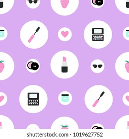 Seamless vector pattern with cosmetic products arranged in white circles. Perfect stuff for wrapping paper, banners, etc.