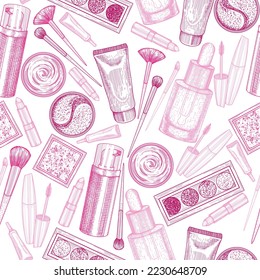 Seamless vector pattern cosmetics for skin care and make-up in engraving style. Cream, patches, serum, shadows, mascara, lipstick, blush, brushes