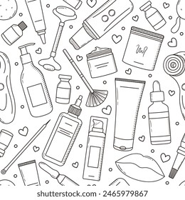 Seamless vector pattern with cosmetology devices and cosmetic products. Ampoules, bottles, tubes, serum, roller drawings on background. Beauty clinic texture. Outline illustrations.