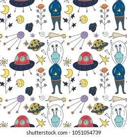 Seamless vector pattern with cosmos doodle illustrations. Galaxy handdrawn elements.