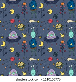 Seamless vector pattern with cosmos doodle illustrations. Galaxy handdrawn elements.