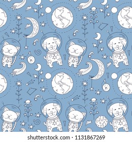 Seamless vector pattern with cosmos doodle illustrations. Galaxy handdrawn elements.