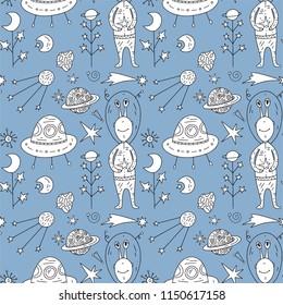 Seamless vector pattern with cosmos doodle illustrations. Galaxy handdrawn elements.