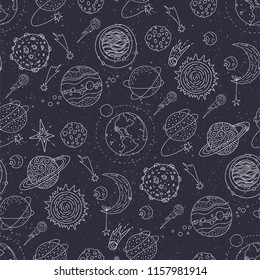 Seamless vector pattern with cosmos doodle illustrations. Galaxy handdrawn elements.