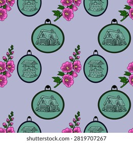 Seamless vector pattern with cottage house and water well medallions and pink hollyhock flowers