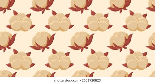 Seamless vector pattern with cotton bolls and brown leaves in flat hand-drawn style on beige background. Suitable for textile print, bedding, packaging design, wrapping paper, eco products, natural de