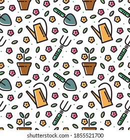 Patrón vectorial sin cable. Vida de campo. Plantación de primavera, herramientas de jardín, fondo de flores. Cuidado con el jardín, cama de flores. Iconos de contorno de jardín en color.