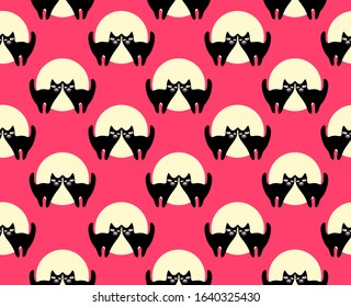 Seamless vector pattern with couple of cats, moonlight, pink red background, halloween pattern