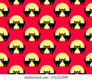Seamless vector pattern with couple of cats, moonlight, halloween pattern