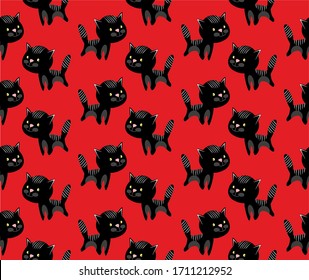 Seamless vector pattern with couple of cats, moonlight, halloween pattern