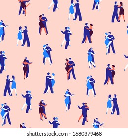 Seamless vector pattern with couples dancing argentine tango. Take a step, turn, boleo, sakada and other movements. Simple flat vector elements.