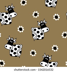Seamless vector pattern with cow and flowers on grey background. Black and white animal wallpaper design for children. Cute hand drawn fashion textile.
